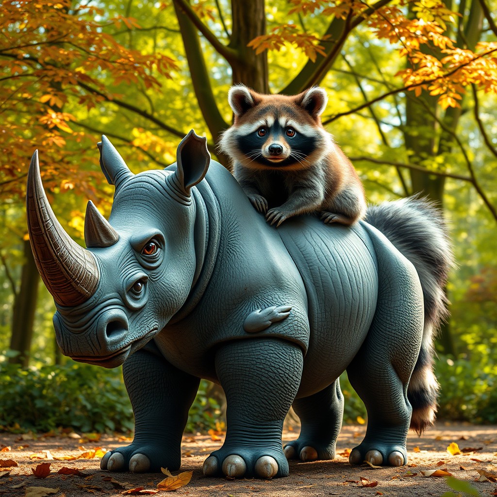 A whimsical two-headed hybrid creature that combines the formidable traits of a rhinoceros with the playful features of a raccoon