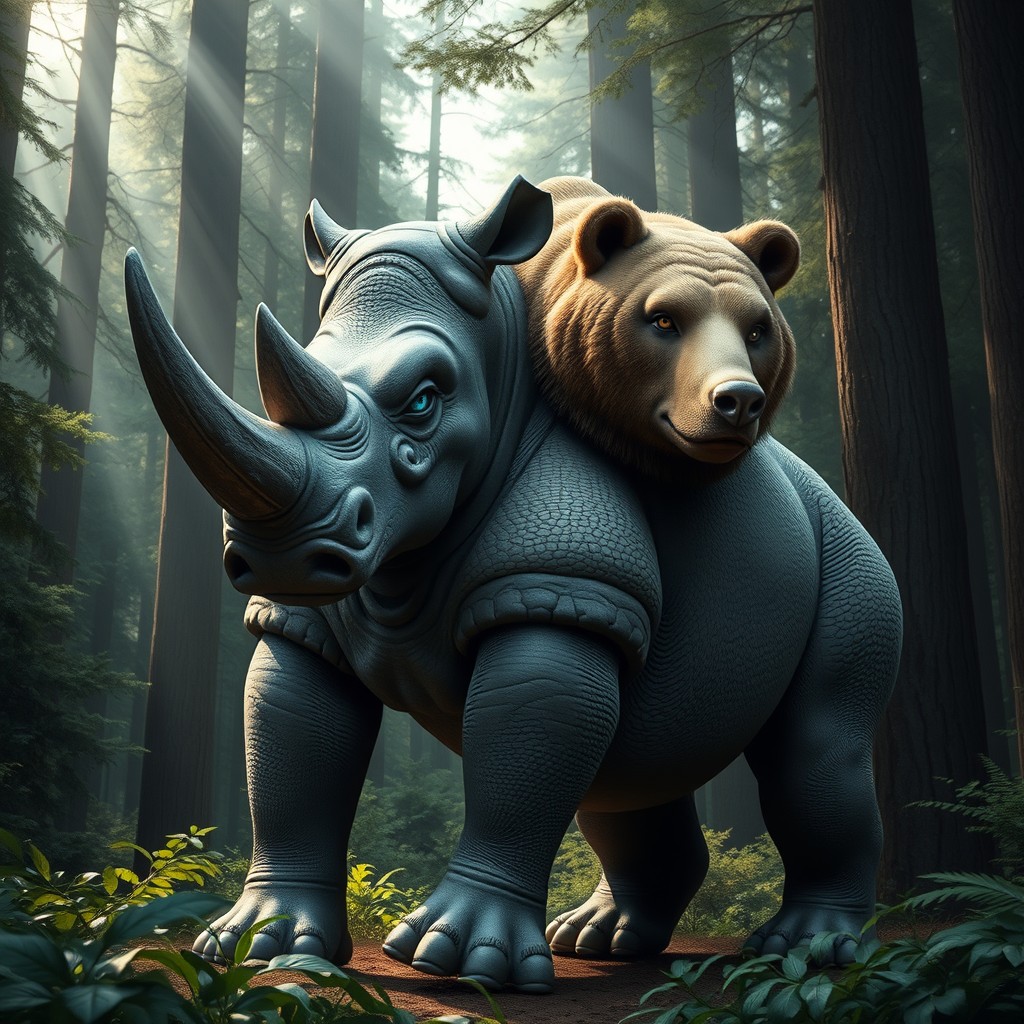 A striking two-headed hybrid creature that combines the formidable traits of a rhinoceros with the powerful features of a bear