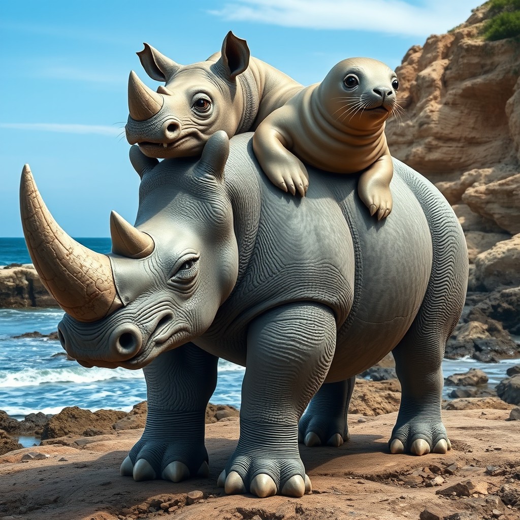 A fascinating two-headed hybrid creature that combines the robust features of a rhinoceros with the sleek, playful characteristics of a seal