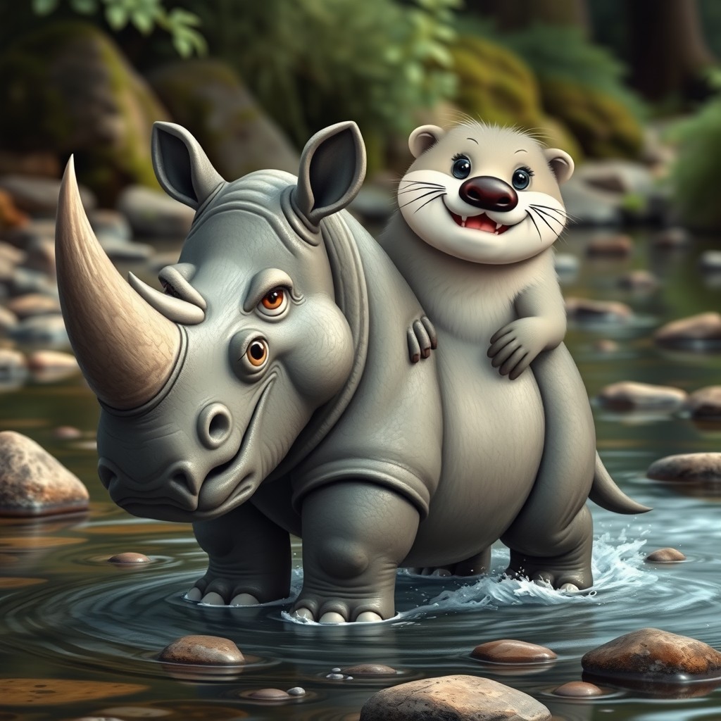 A charming two-headed hybrid creature that combines the robust features of a rhinoceros with the playful characteristics of an otter