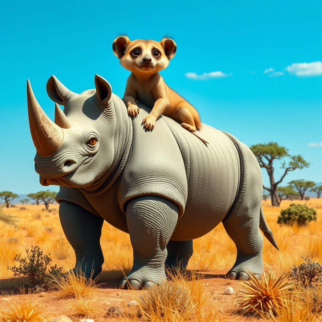 A whimsical two-headed hybrid creature that blends the sturdy features of a rhinoceros with the curious and playful characteristics of a meerkat