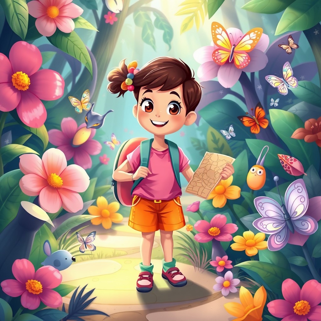 A whimsical and colorful illustration of an adventurous young girl with a playful expression, wearing a vibrant outfit that includes a pink shirt and orange shorts, exploring a lush jungle filled with oversized flowers, exotic animals, and sparkling butterflies