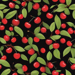 Tile pattern design on a black background featuring red cherries with leaves.