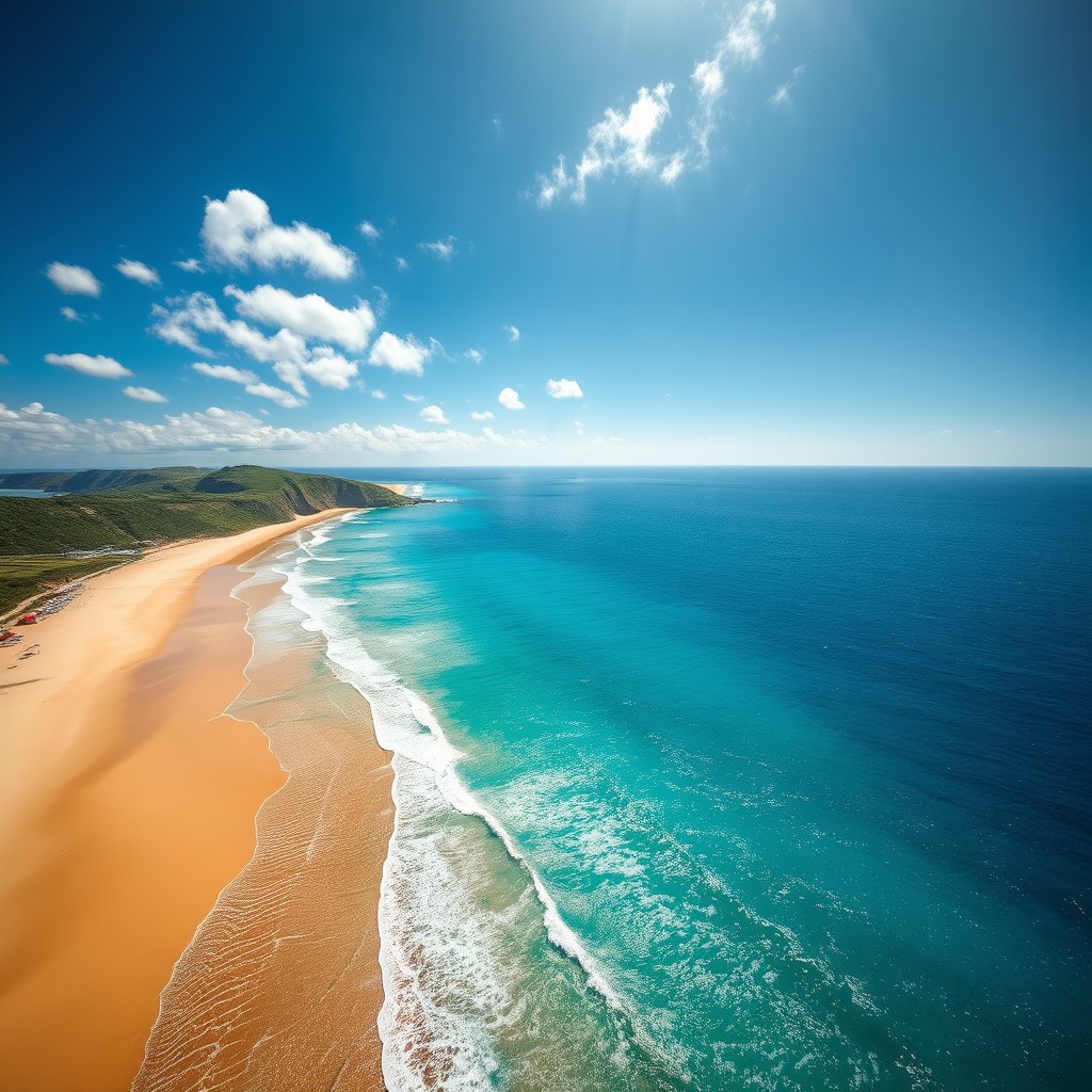 A breathtaking aerial view of a serene sea, showcasing the vibrant blue waters meeting the golden sands of a beach