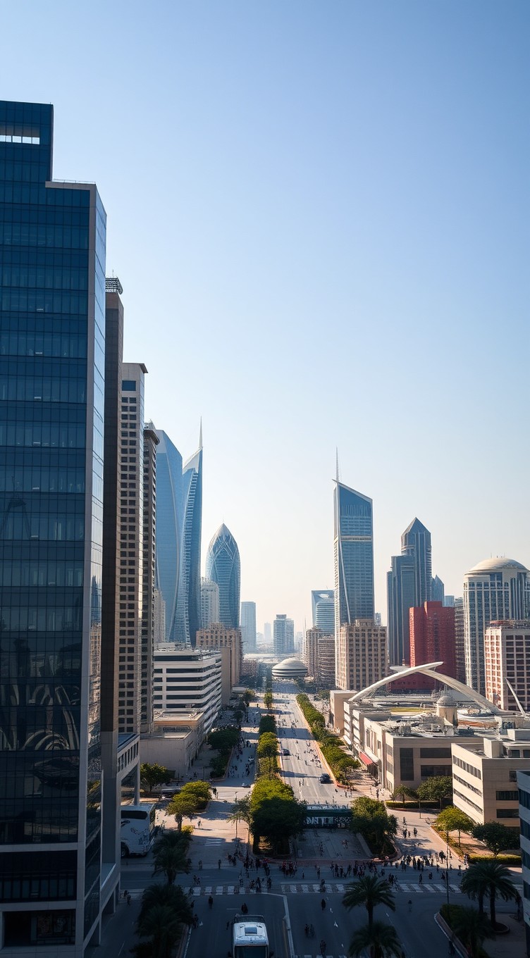 A captivating cityscape of Salmiya, Kuwait, featuring a skyline filled with sleek, modern buildings under a bright, clear sky