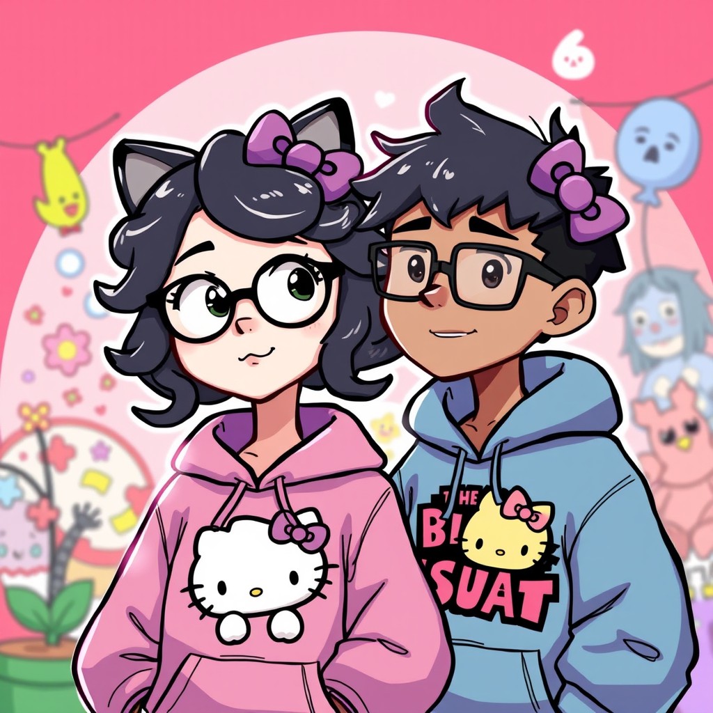 A whimsical and colorful illustration featuring a female character inspired by Hello Kitty, with black curly hair, glasses, a nose piercing, and a purple bow