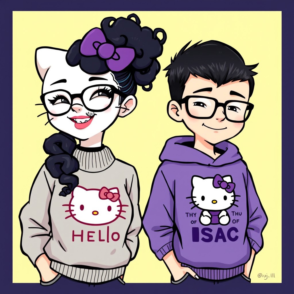 A woman depicted as Hello Kitty with curly black hair, wearing glasses, a nose piercing, and a purple bow