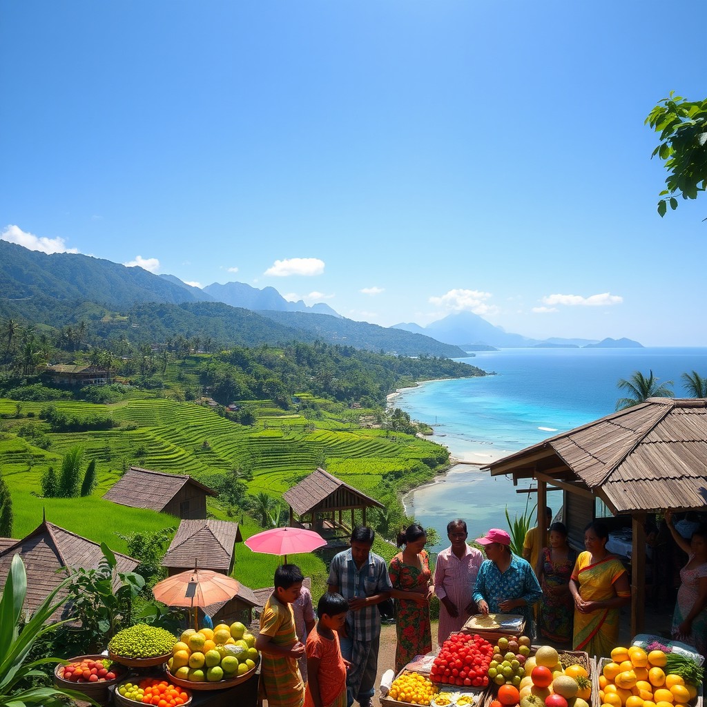A stunning view of the Indonesian landscape featuring lush green rice terraces, traditional wooden houses, and a bright blue sky