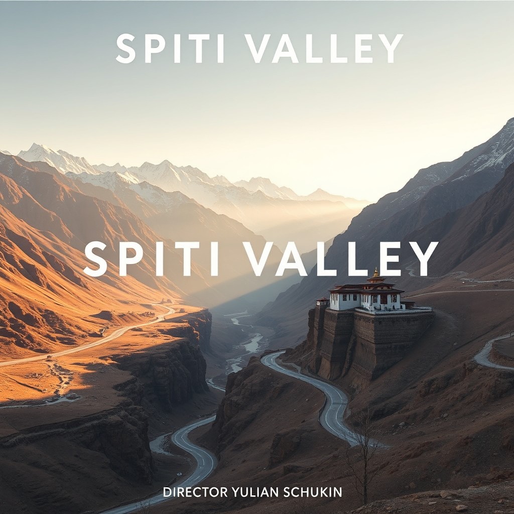 Epic cinematic film poster showcasing SPITI VALLEY, a majestic high-altitude river valley at 3800 meters above sea level