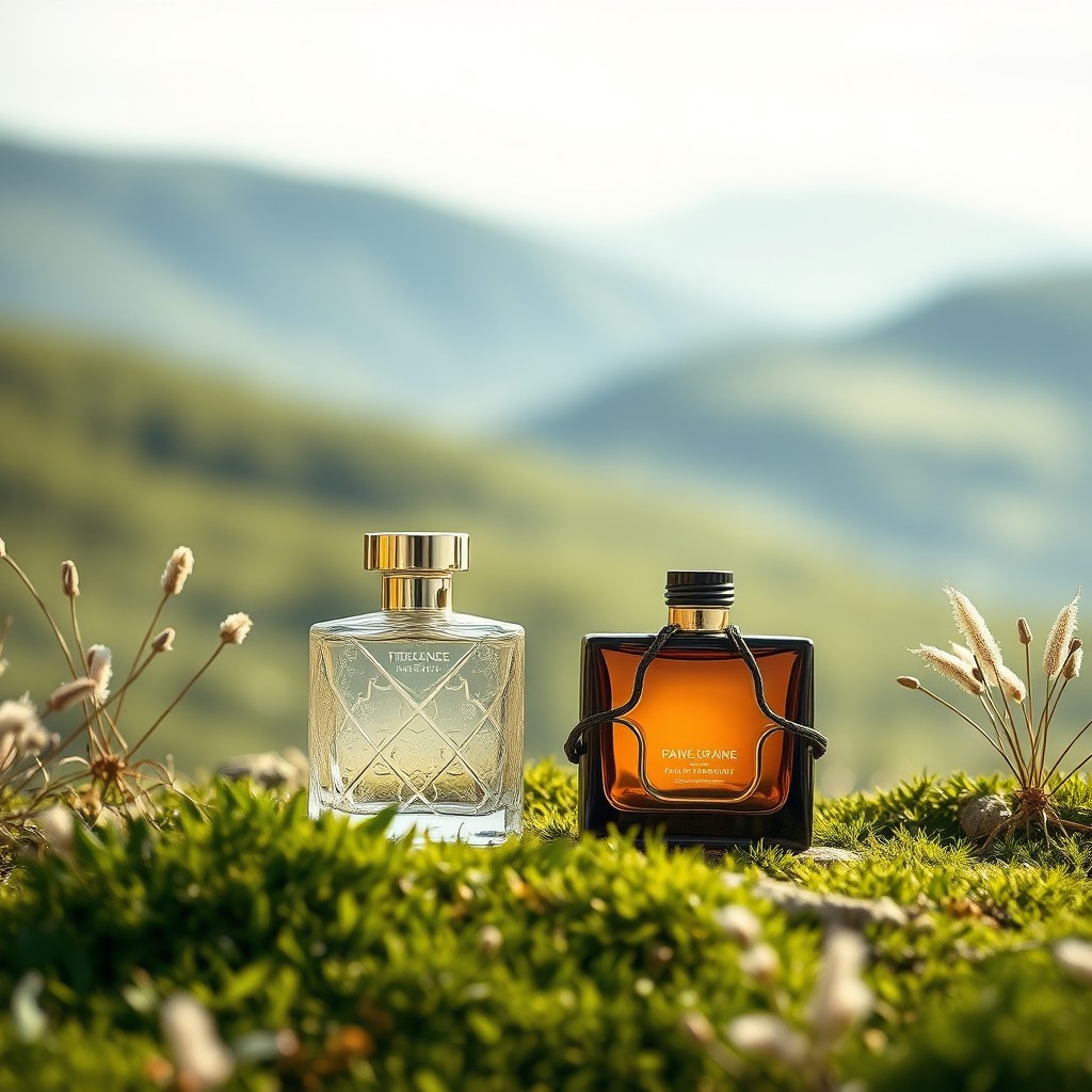 This image features two elegant products displayed in a stunning landscape setting