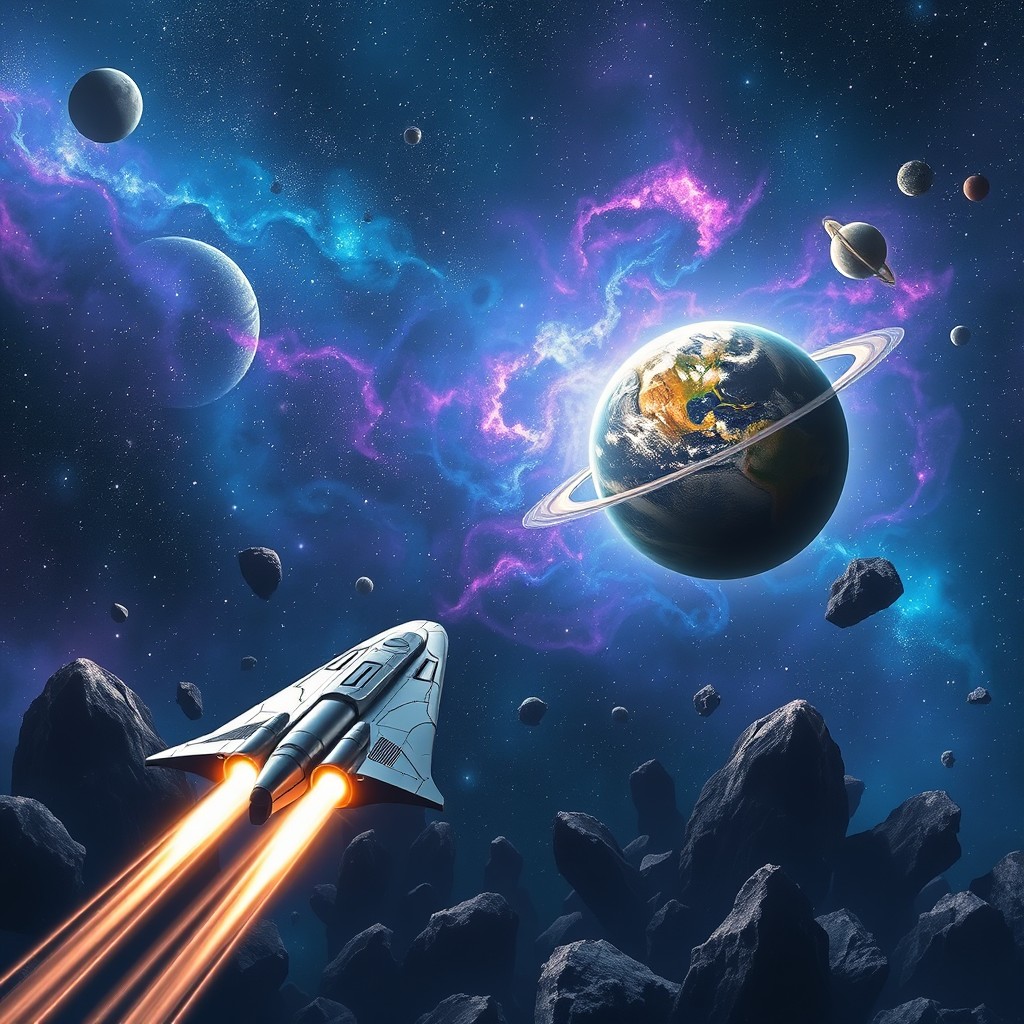 A stunning digital art scene depicting a vast outer space backdrop filled with twinkling stars and deep hues of blue and purple nebulae