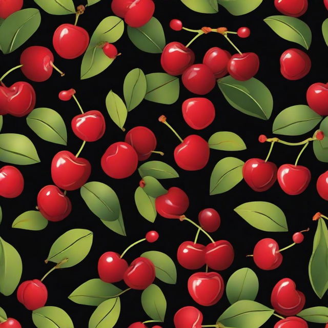 Tile pattern design on a black background featuring red cherries with leaves.