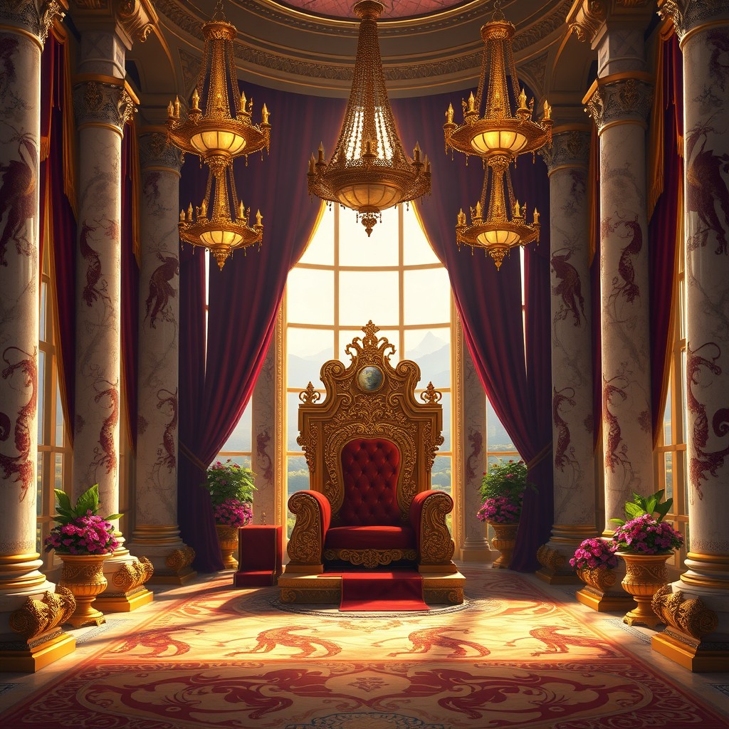 A majestic royal throne room enveloped in opulence, featuring a grand throne made of ornate gold and intricate carvings, set against towering marbled columns