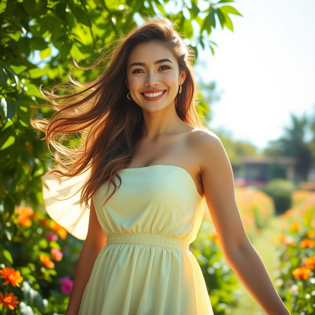 A beautiful and confident woman standing in a lush green garden, wearing a flowing pastel-colored dress, her hair gently blowing in the wind, a radiant smile on her face