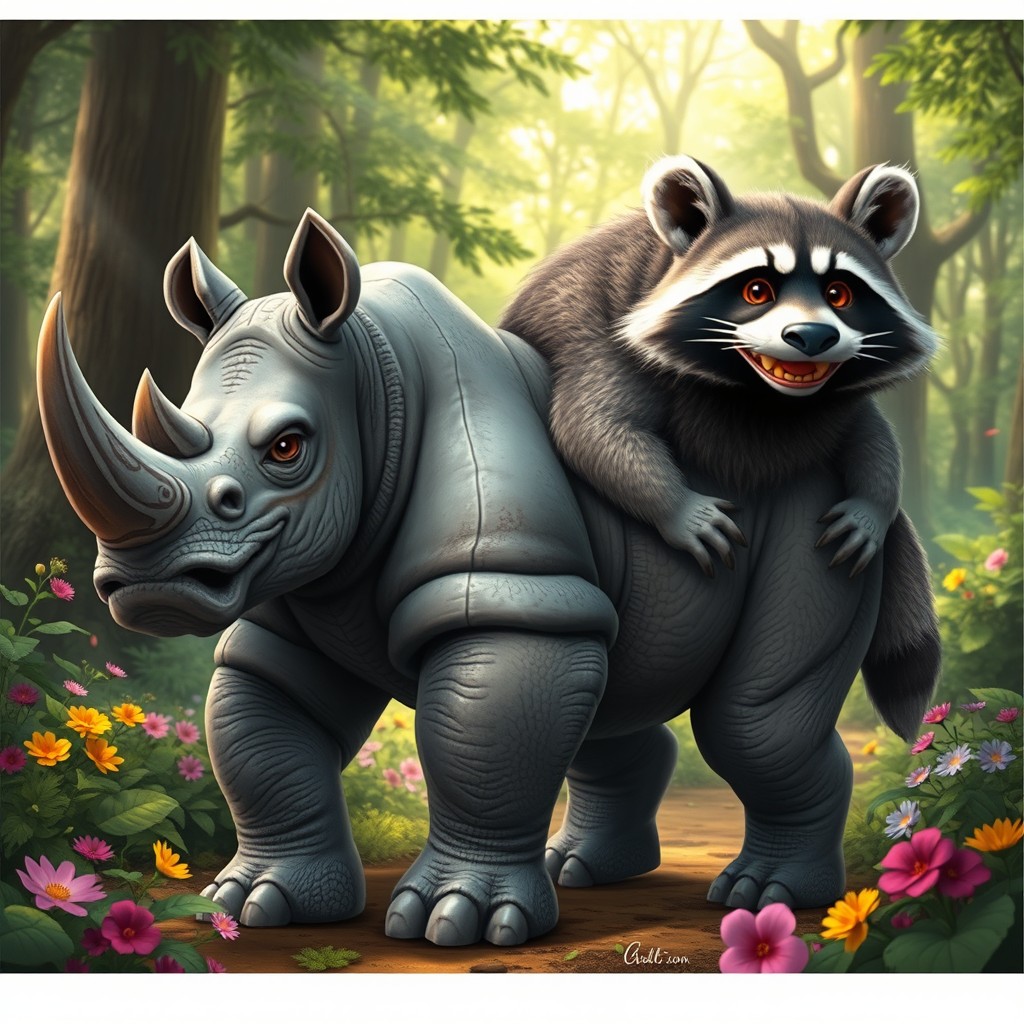 An imaginative two-headed hybrid creature that merges the robust features of a rhinoceros with the playful characteristics of a raccoon