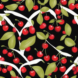 Tile pattern design on a black background featuring red cherries with leaves.