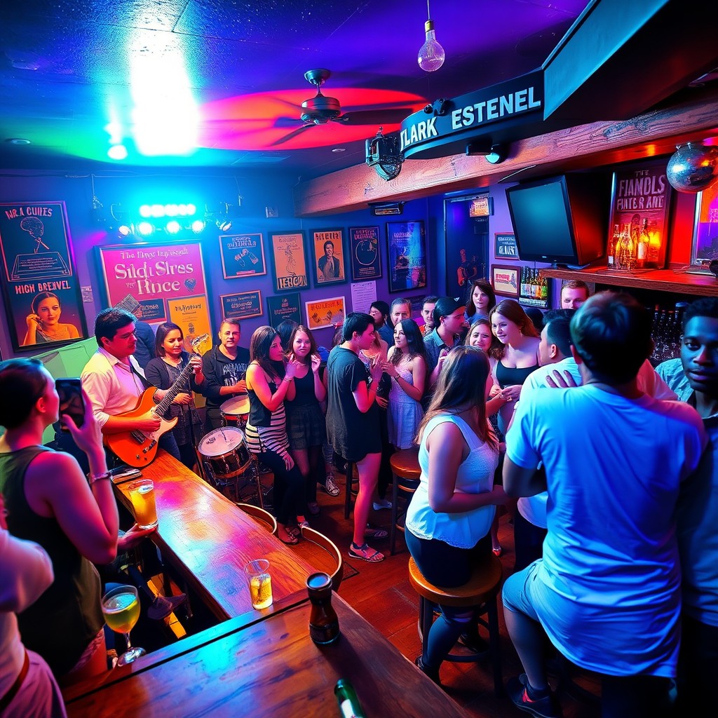 A lively scene inside a vibrant bar with a live band performing on stage