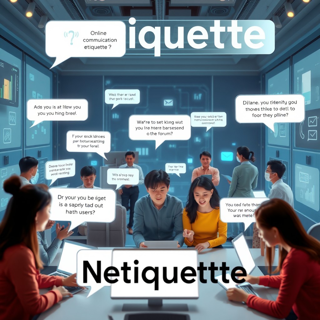 A creative representation of the concept of 'netiquette', showcasing various elements of online communication etiquette
