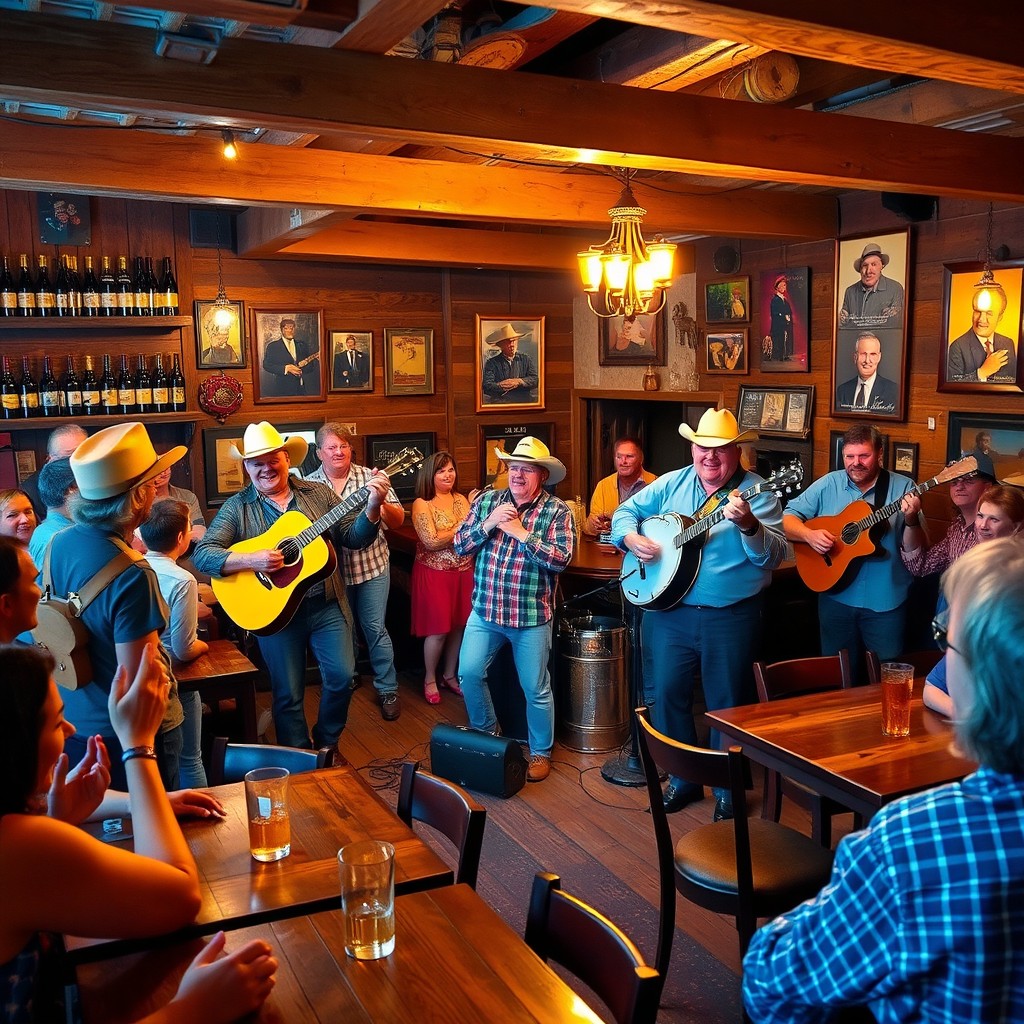 A lively scene depicting a country band performing energetically in a rustic bar setting