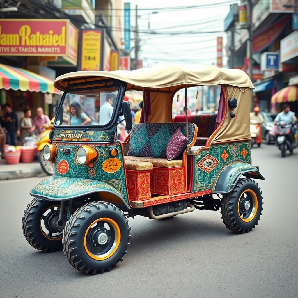 A creatively designed modified tuk tuk, featuring vibrant colors and intricate patterns