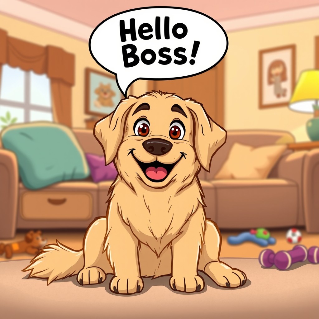 A playful and humorous digital illustration of a friendly dog named Ranger, a medium-sized Golden Retriever, sitting comfortably with a happy smile