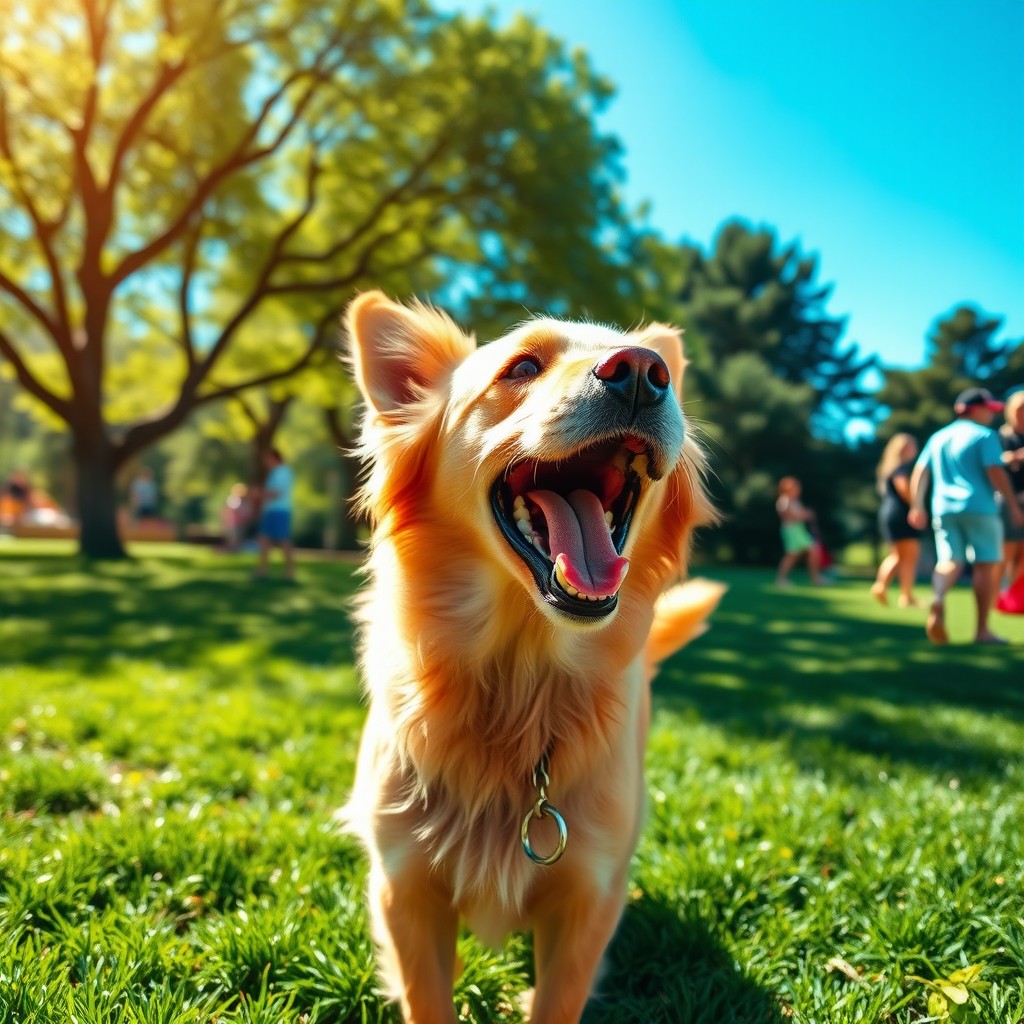 A lively scene capturing a playful dog barking joyfully in the park
