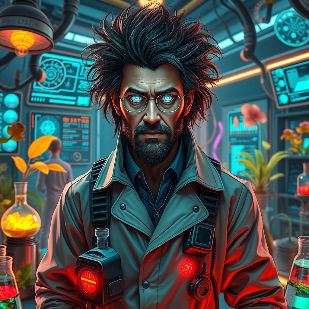 A male scientist from the year 2700, around 40 years of age, with an eccentric appearance