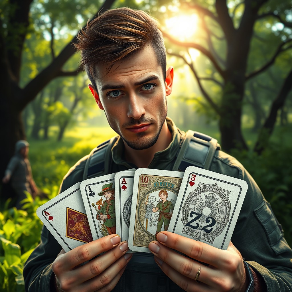 An imaginative scene depicting a soldier holding a unique deck of cards, featuring intricate military-themed designs on each card