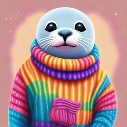 A high-quality digital art image showcasing a cute seal dressed in a vibrant, cozy sweater