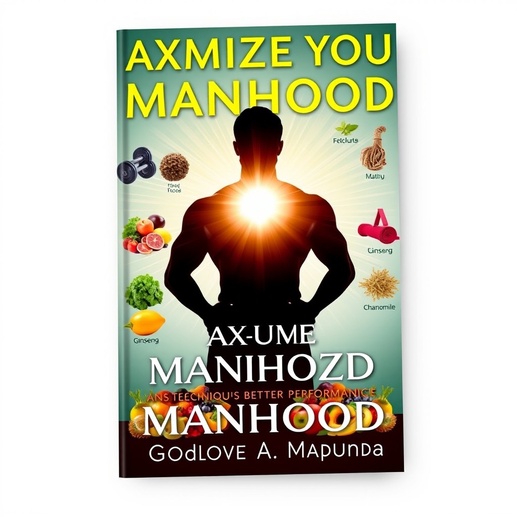 A book cover design for 'Maximize Your Manhood: Natural Techniques for Better Performance', showcasing a powerful silhouette of a man with a radiant glow emanating from his core, symbolizing inner strength and vitality