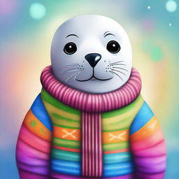 A high-quality digital art image showcasing a cute seal dressed in a vibrant, cozy sweater