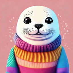 A high-quality digital art image showcasing a cute seal dressed in a vibrant, cozy sweater