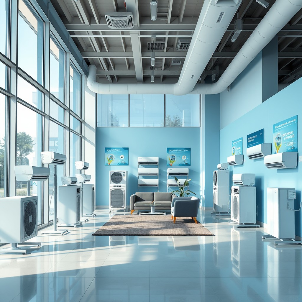 A spacious, modern commercial space designed for showcasing air conditioning units