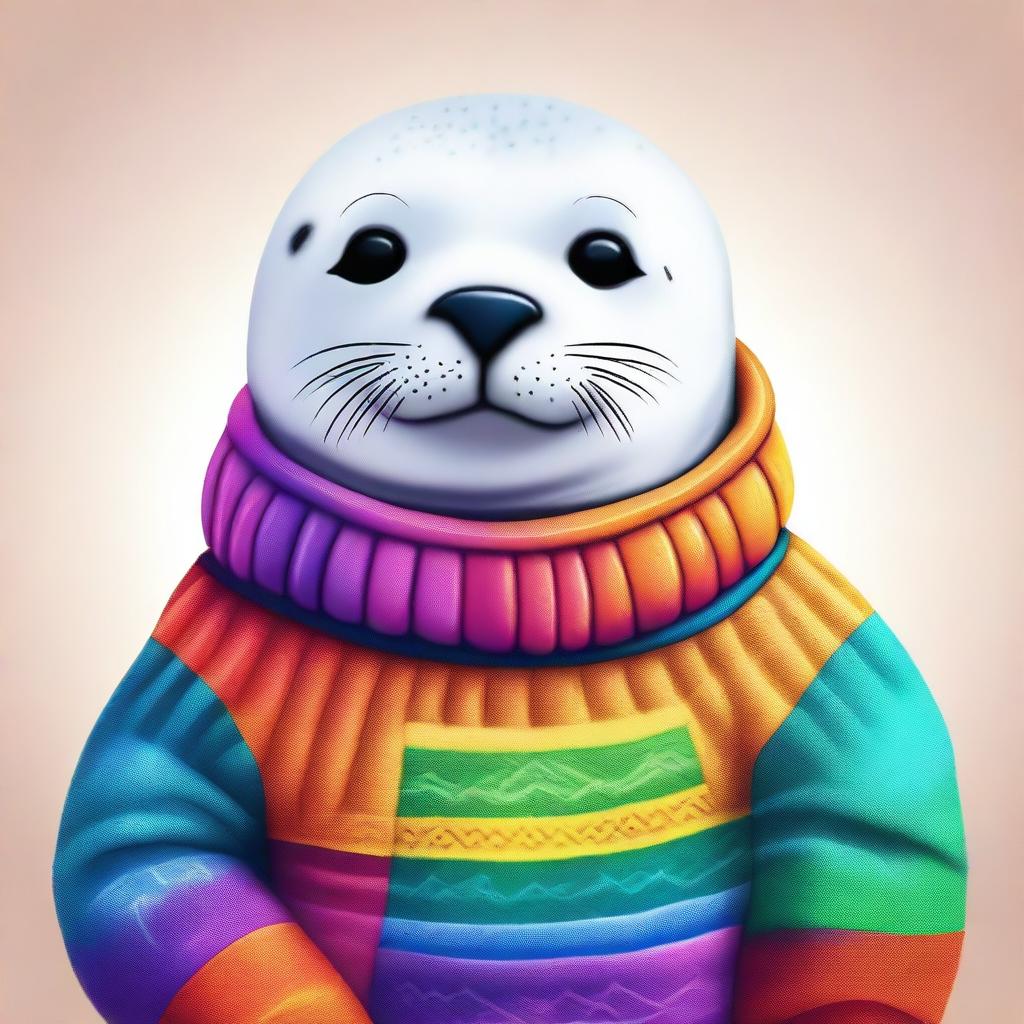 A high-quality digital art image showcasing a cute seal dressed in a vibrant, cozy sweater