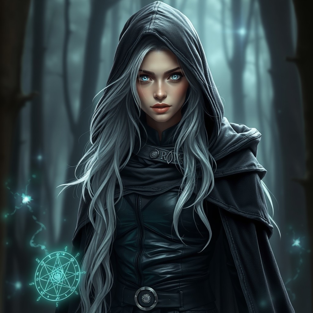 A changeling female mage with long, flowing white hair and striking white eyes