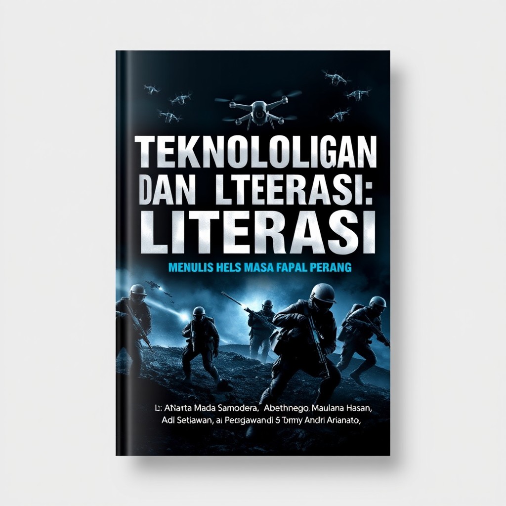 A stunning book cover design for 'Teknologi dan Literasi: Menulis Masa Depan Perang'