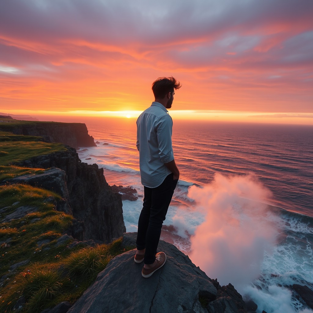 A solitary man standing on a rocky cliff overlooking a vast ocean, the sun setting in a fiery orange and purple sky
