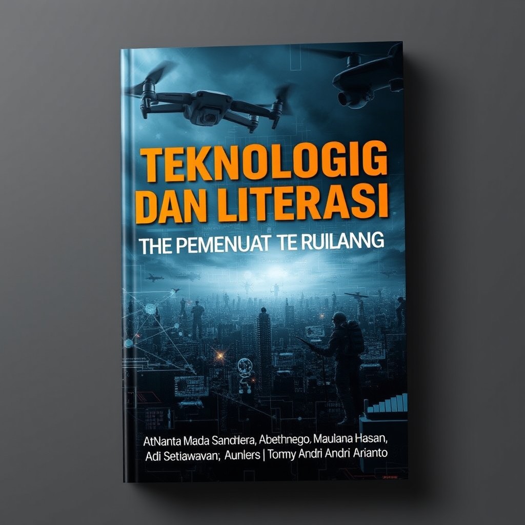 A captivating book cover design for 'Teknologi dan Literasi: Menulis Masa Depan Perang'