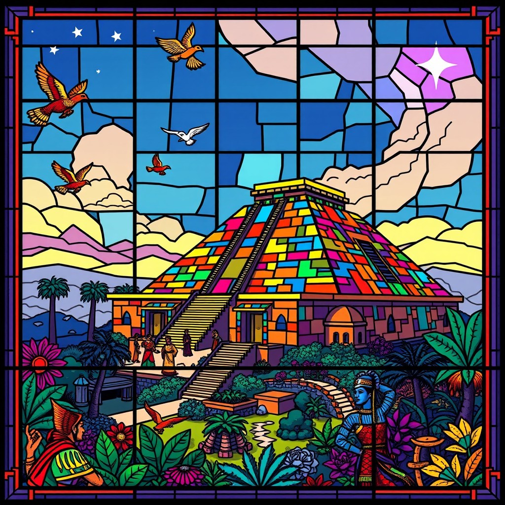 A stunning 16-bit stained glass interpretation of Babylonian architecture and culture, showcasing vibrant colors and intricate geometric patterns