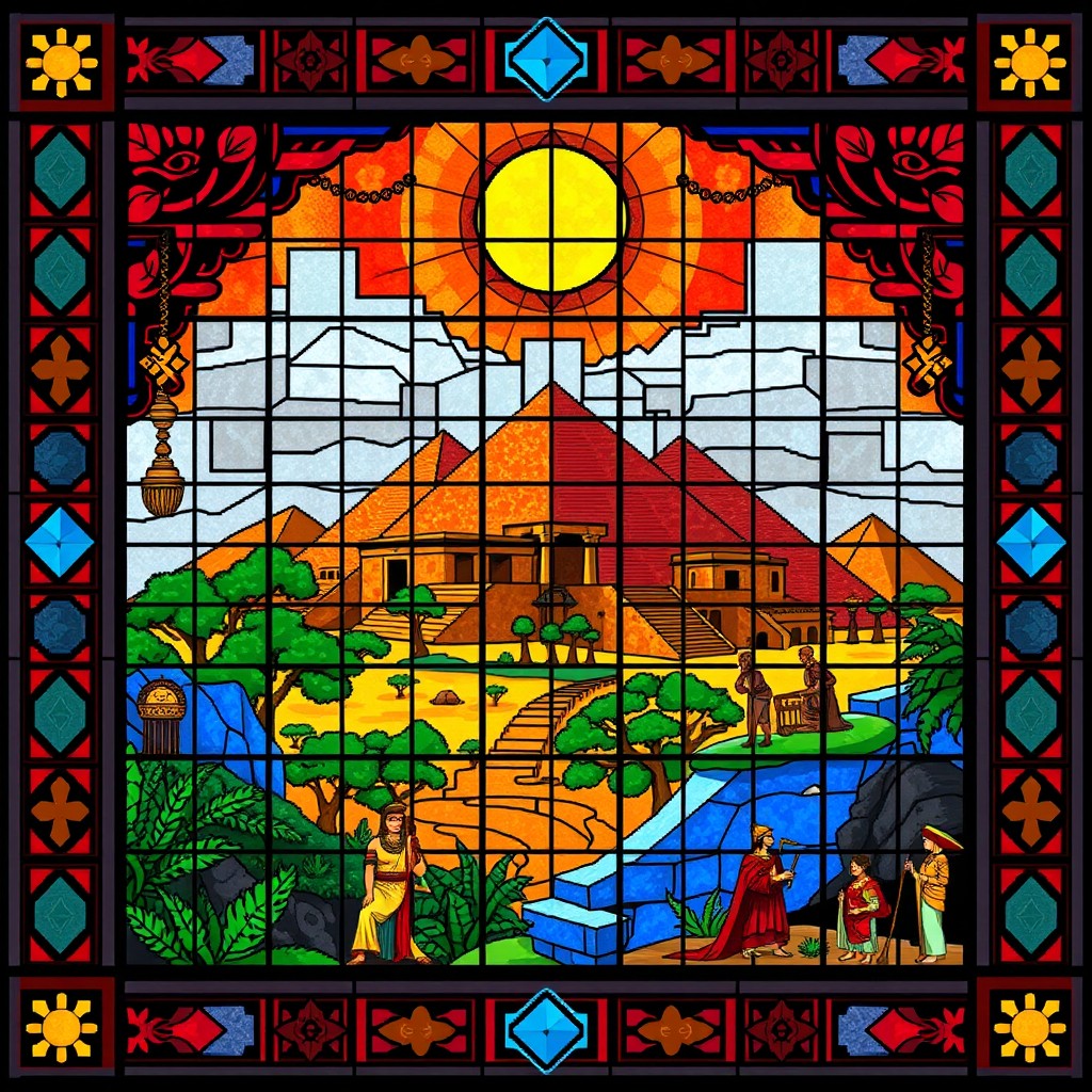 A vibrant gridded 16-bit stained glass artwork inspired by Babylonian culture