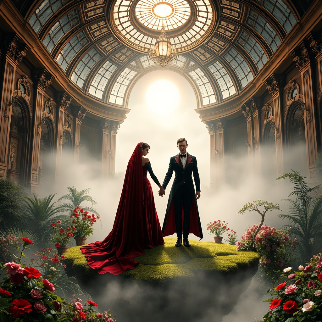 A stunning scene depicting a vampire couple dressed for their wedding, standing hand in hand on a floating island enveloped in thick mist