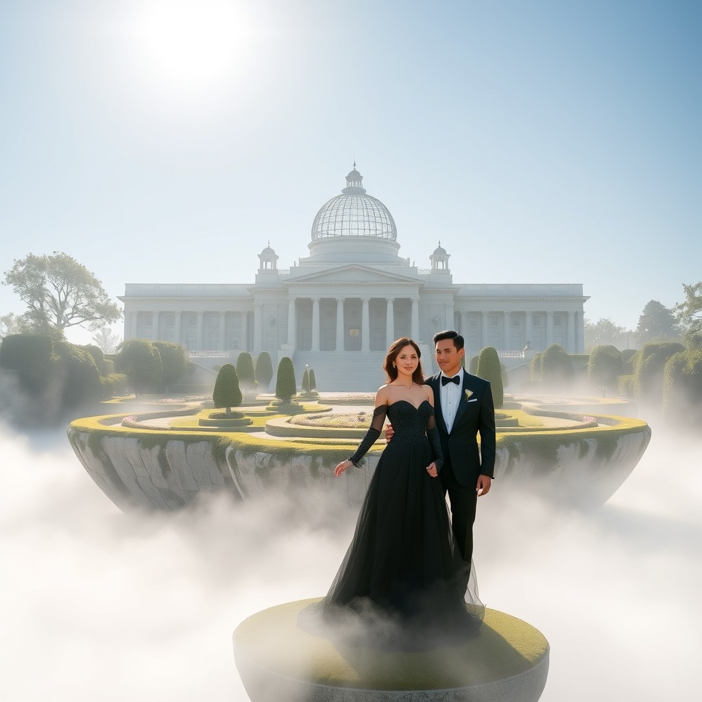 A man and a woman dressed in elegant black tie wedding attire, standing hand in hand on a floating island enveloped in thick fog