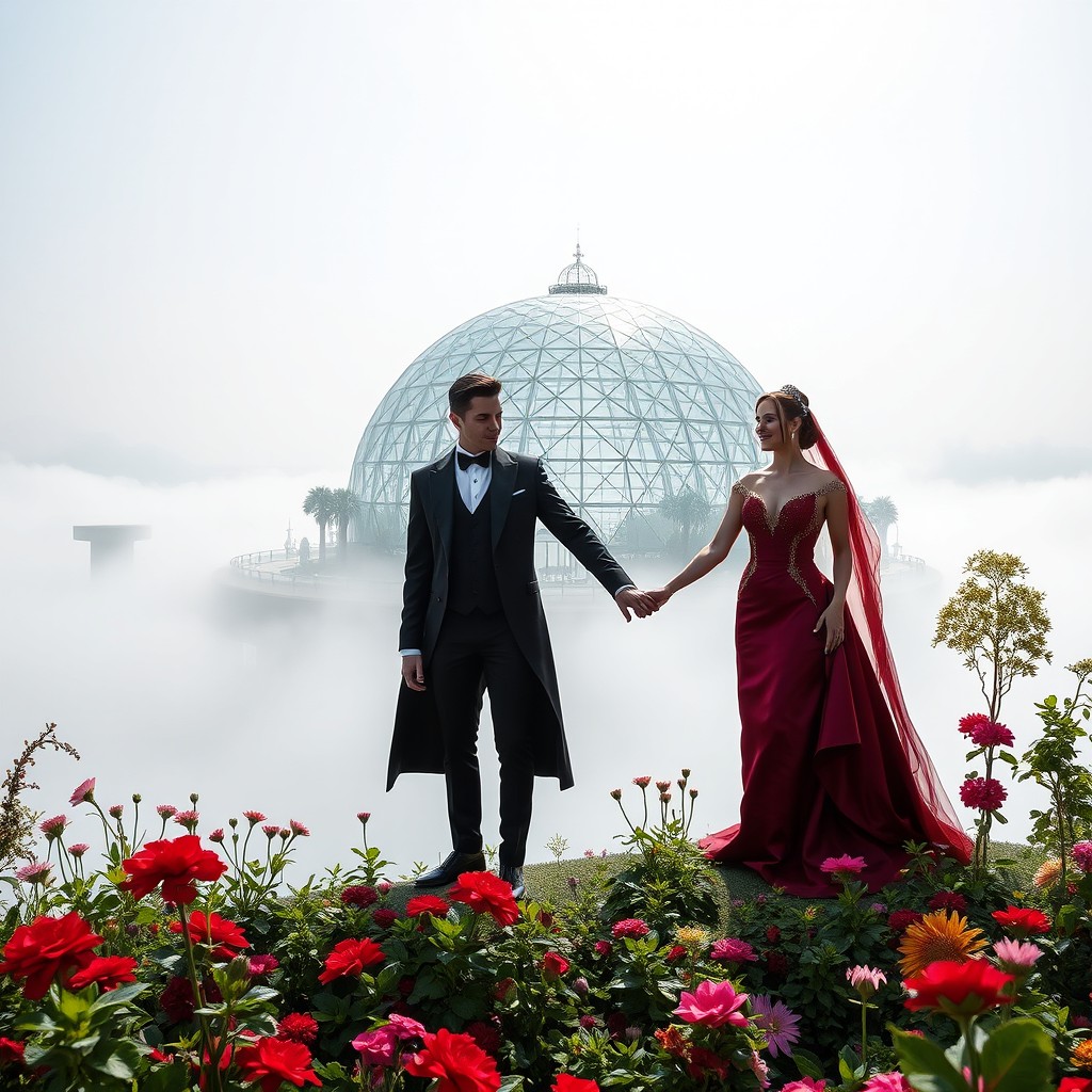 A vampire man and woman, elegantly dressed for a wedding, standing hand in hand on a floating island surrounded by thick mist