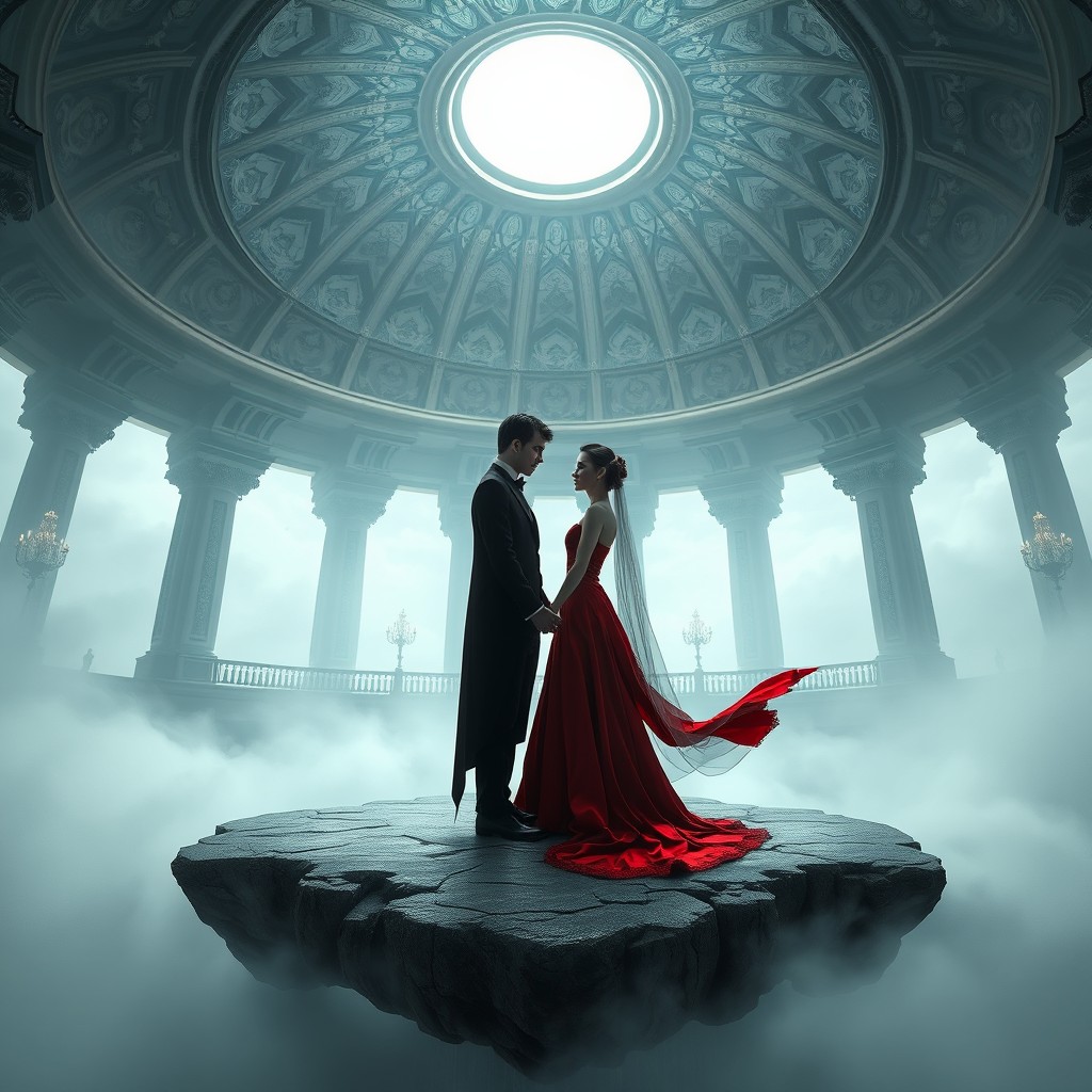 A couple of vampires, a man and a woman, elegantly dressed for a wedding, standing on a stunning floating island enveloped in thick mist