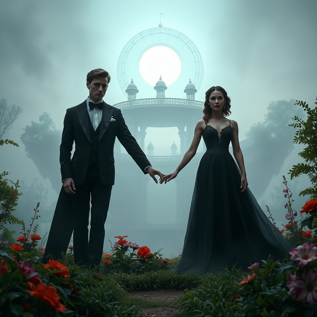 A male and female vampire couple, elegantly dressed for a wedding, standing hand in hand in a lush garden on a floating island