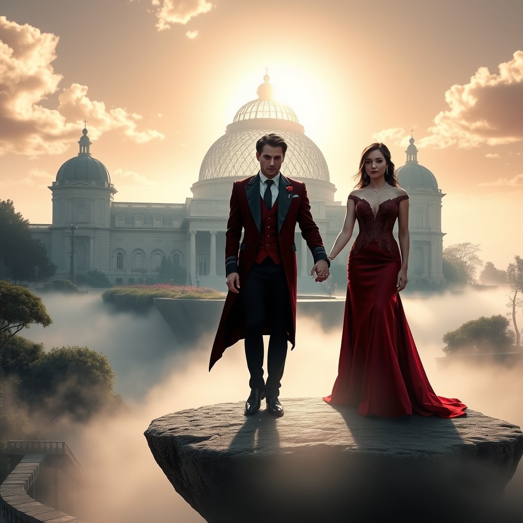 A stunning scene of a vampire couple, a man and a woman, dressed elegantly for a wedding