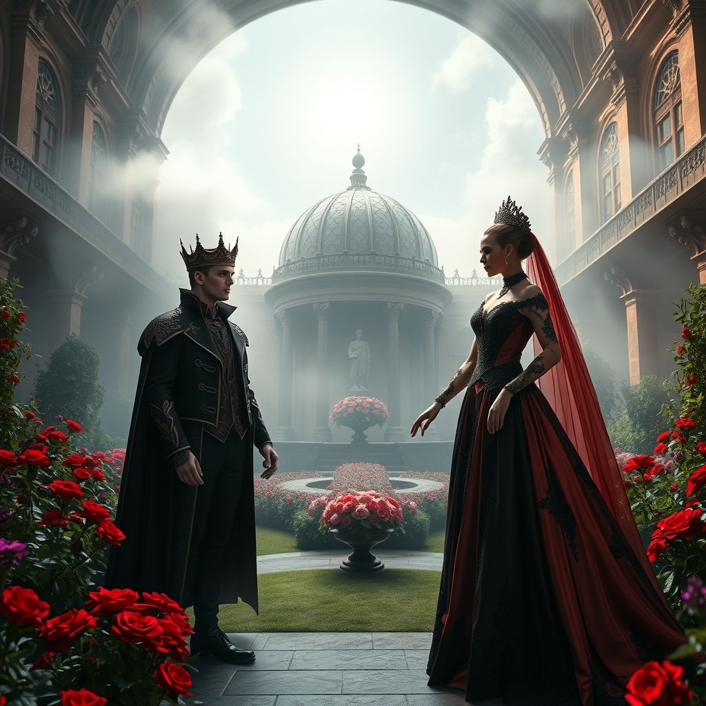 A captivating scene of a vampire king and queen in dark, elegant wedding attire