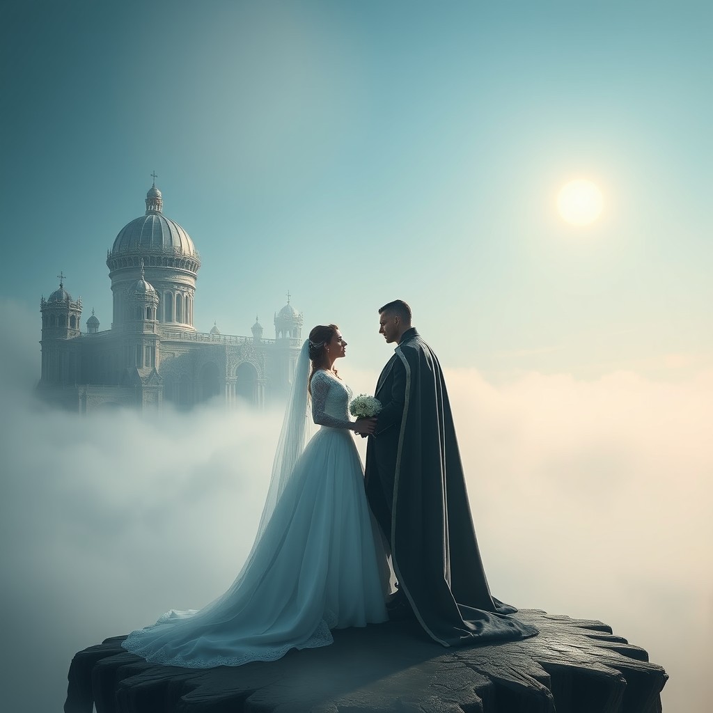 A majestic vampire king and queen in elegant wedding attire, standing together on a floating island enveloped in thick mist