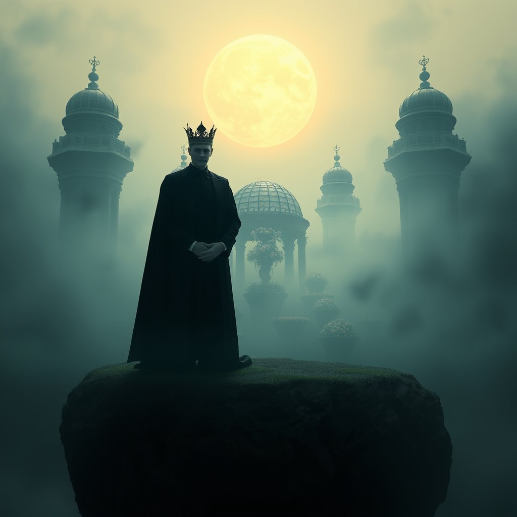 A grand scene depicting a vampire king and queen dressed in dark, formal wedding attire, standing on a floating island