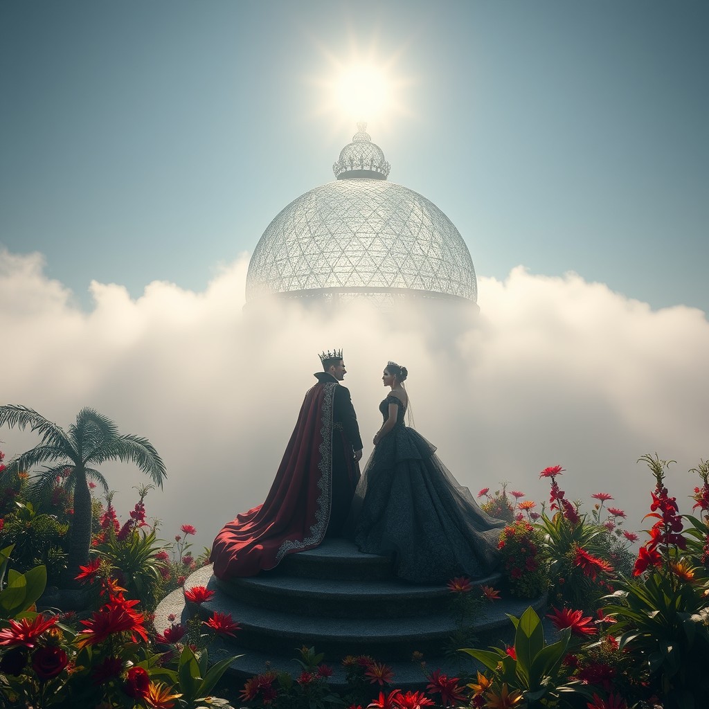 A grand and majestic vampire king and queen in elaborate red and black wedding dresses standing on a floating island shrouded in thick mist
